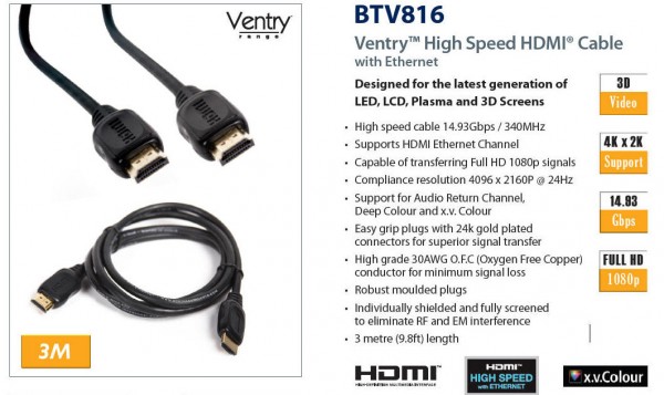 BTEC-BTV816 3 meter HDMI + LAN lead (2 in 1)