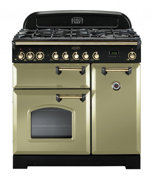 Rangemaster Classic Deluxe 90DF Olive Green Brass 114630 Dual Fuel Range Cooker
