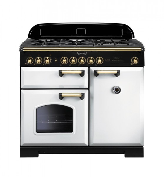 Rangemaster Classic Deluxe 100DF White Brass 113860 Dual Fuel Range Cooker