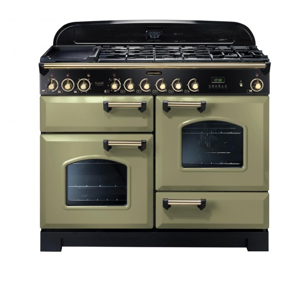 Rangemaster Classic Deluxe 110DF Olive Green Brass 114470 Dual Fuel Range Cooker