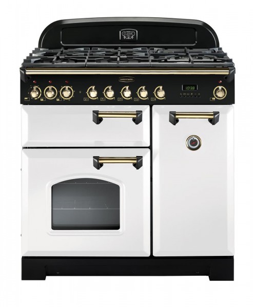 Rangemaster Classic Deluxe 90DF White Brass 113560 Dual Fuel Range Cooker
