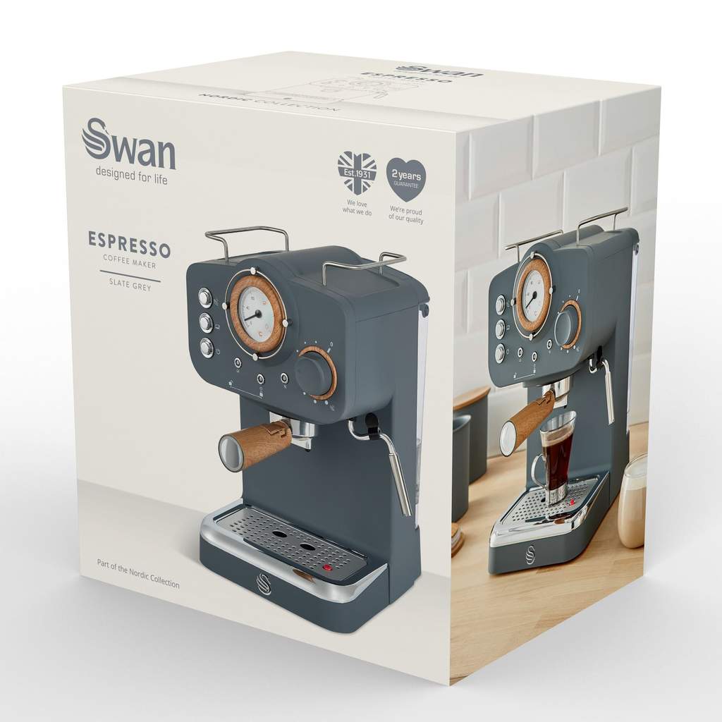 Swan SK22110GRYN Nordic Style Pump Espresso Coffee Machine with Milk Frother in Grey G Craggs Ltd