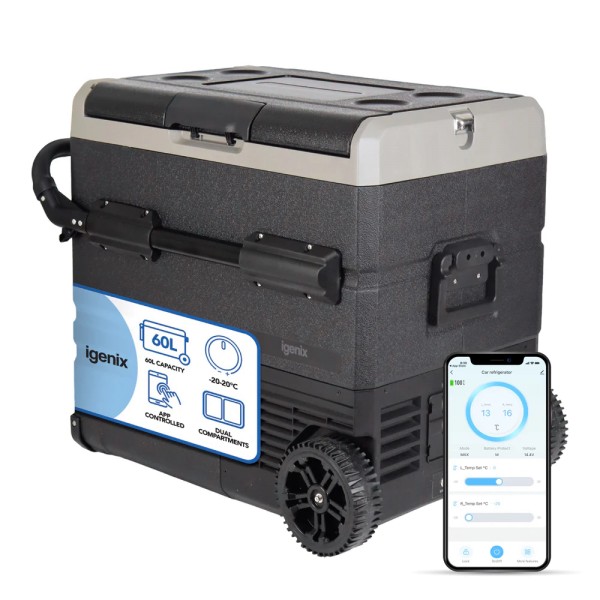 Igenix 60l Portable Fridge Freezer with Wheels Black IGBF03667B 12V/24V/240V/Rechargeable option
