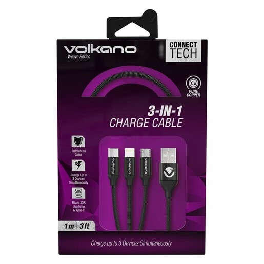 Volkano VK-20111-BK Weave 3 In 1 Charger Cable