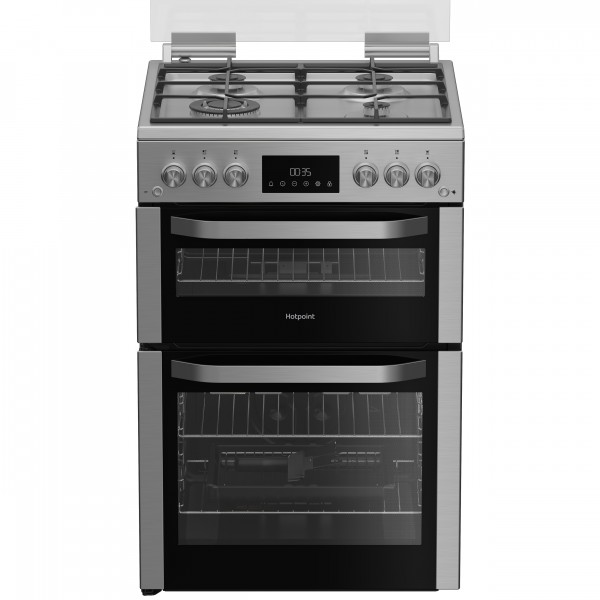 Hotpoint HDG6GDCWX 60cm Gas Double Oven Cooker with Glass Lid Stainless Steel Finish Launceston Cornwall Devon Callington Tavistock Liskeard Yelverton Camelford Wadebridge Okehampton Bude Holsworthy near me local cheap