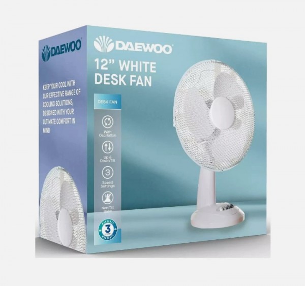 Daewoo COL1256GE 12" White Desktop Fan Launceston Cornwall Devon Callington Tavistock Liskeard Yelverton Camelford Wadebridge Okehampton Bude Holsworthy near me local cheap