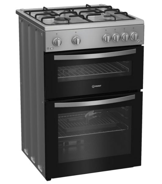 Indesit IDG6GS 60cm Double Oven Gas Cooker in Silver 4 Gas Burners 72L/32L