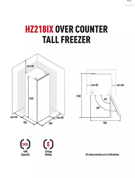 Haden HZ218IX 55cm Tall Freezer INOX - 2 Year Warranty with